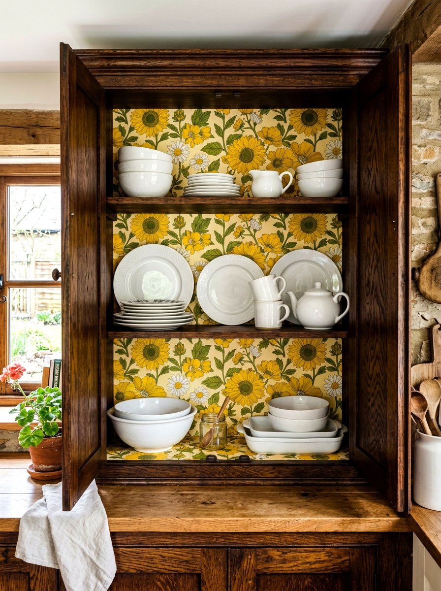 Wallpapered Cabinet Interior - 30 dining room china display ideas