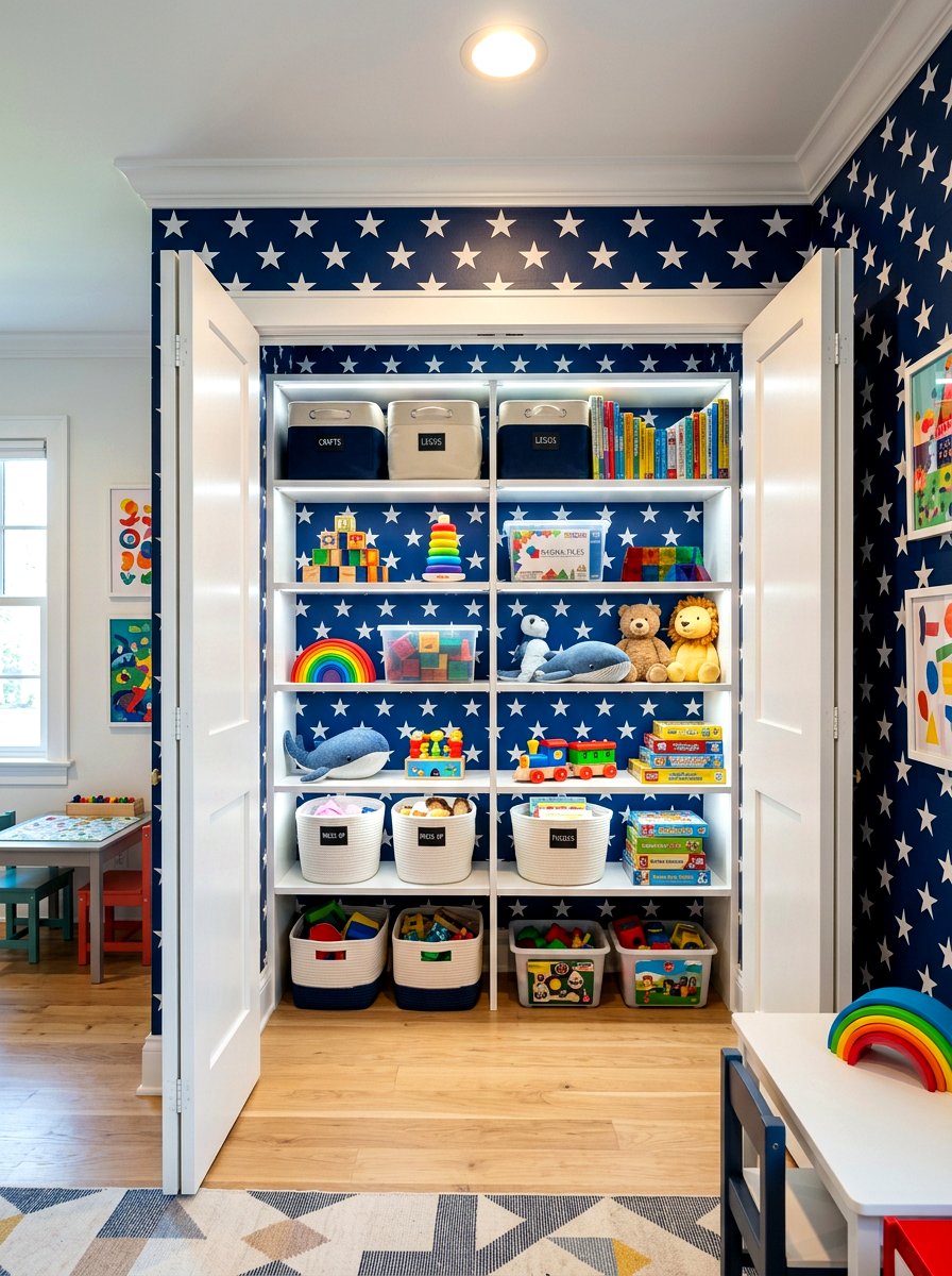 Wallpapered Closet Interior - 30 playroom closet ideas