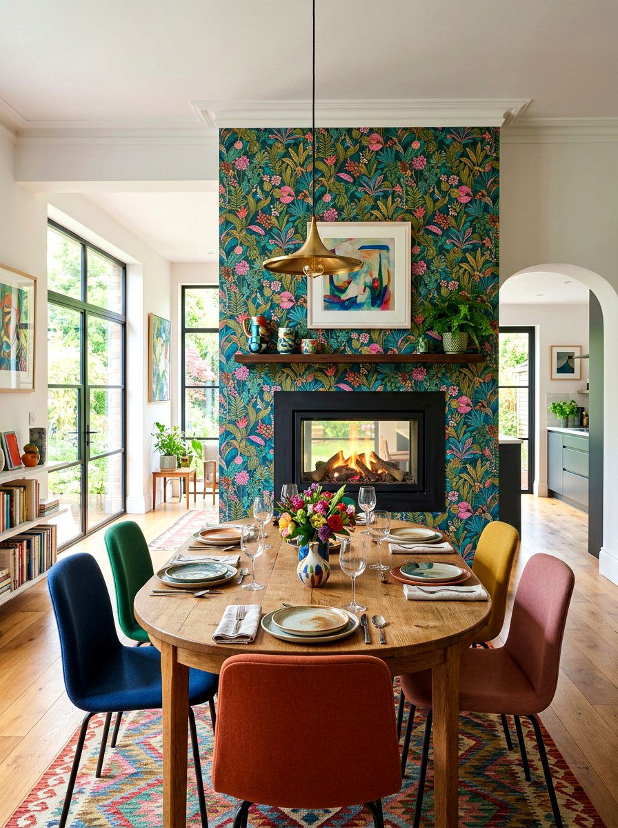 Wallpapered Fireplace Accent Wall - 30 dining room fireplace wall ideas