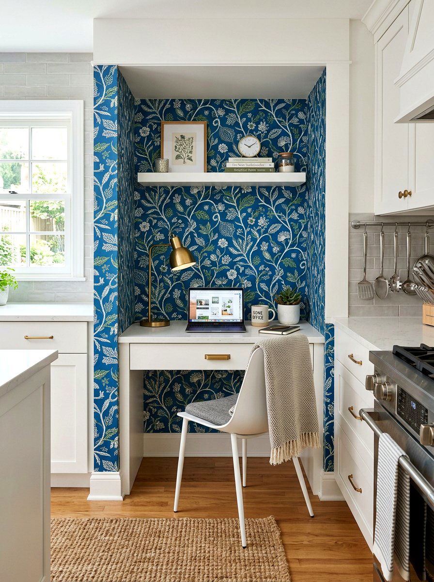 Wallpapered Kitchen Desk Alcove - 30 kitchen desk nook ideas