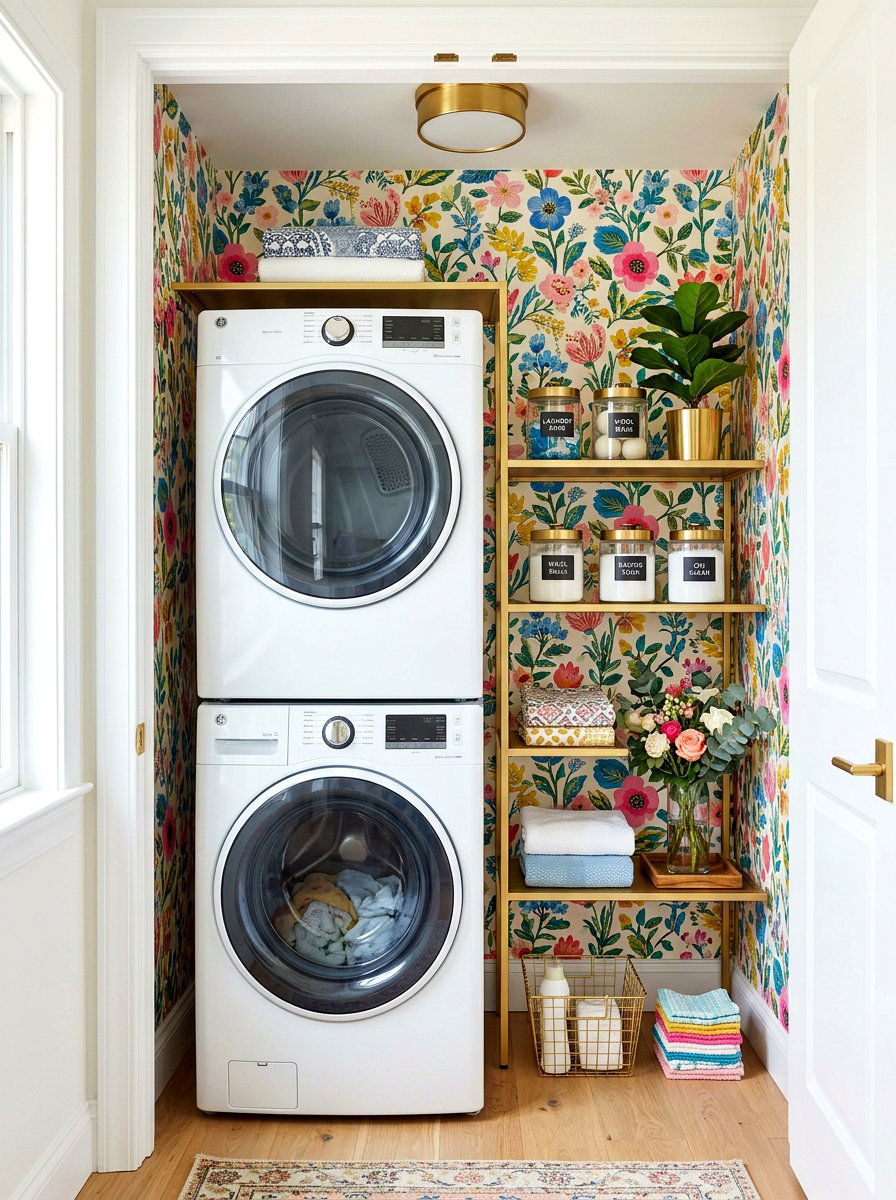 Wallpapered Laundry Closet - 30 stacked laundry closet ideas