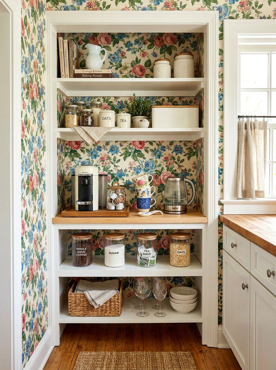 Wallpapered Pantry Nook - 30 beverage pantry ideas aesthetic