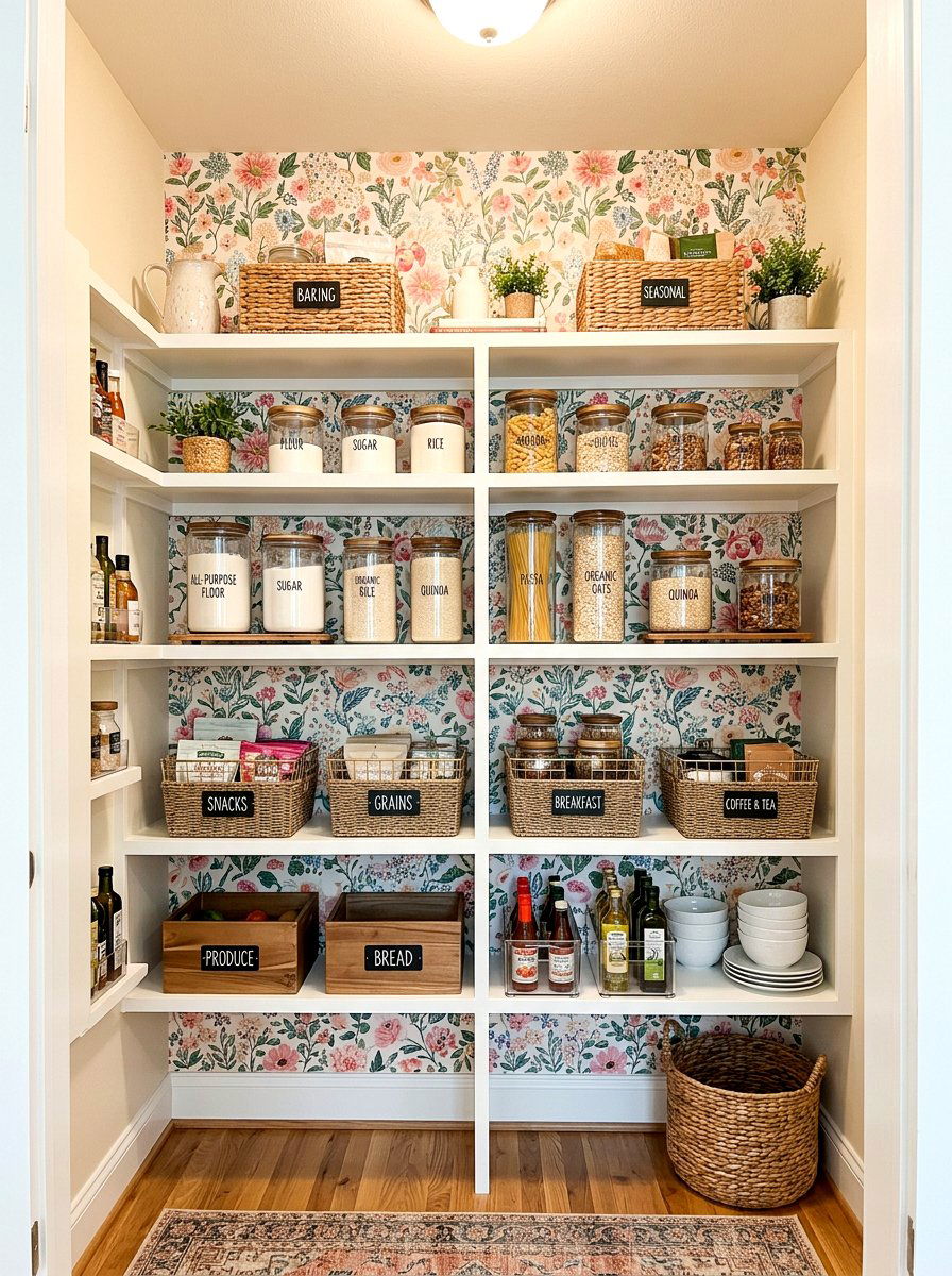 Wallpapered Pantry Shelves - 30 farmhouse pantry ideas
