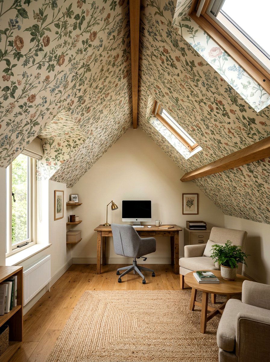 Wallpapered Sloped Ceiling Office - 30 sloped ceiling office ideas