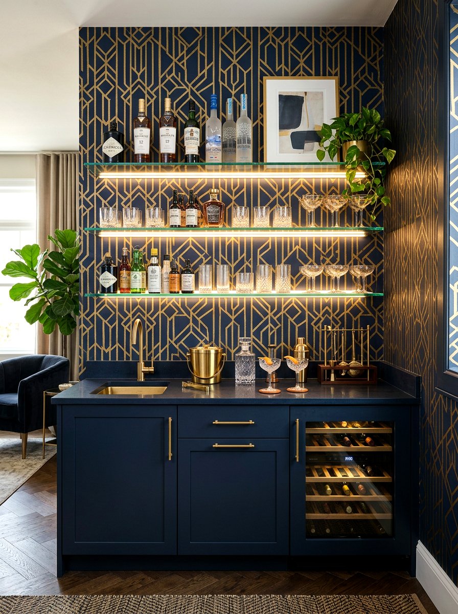 Wallpapered bar nook background - 30 cocktail nook ideas aesthetic