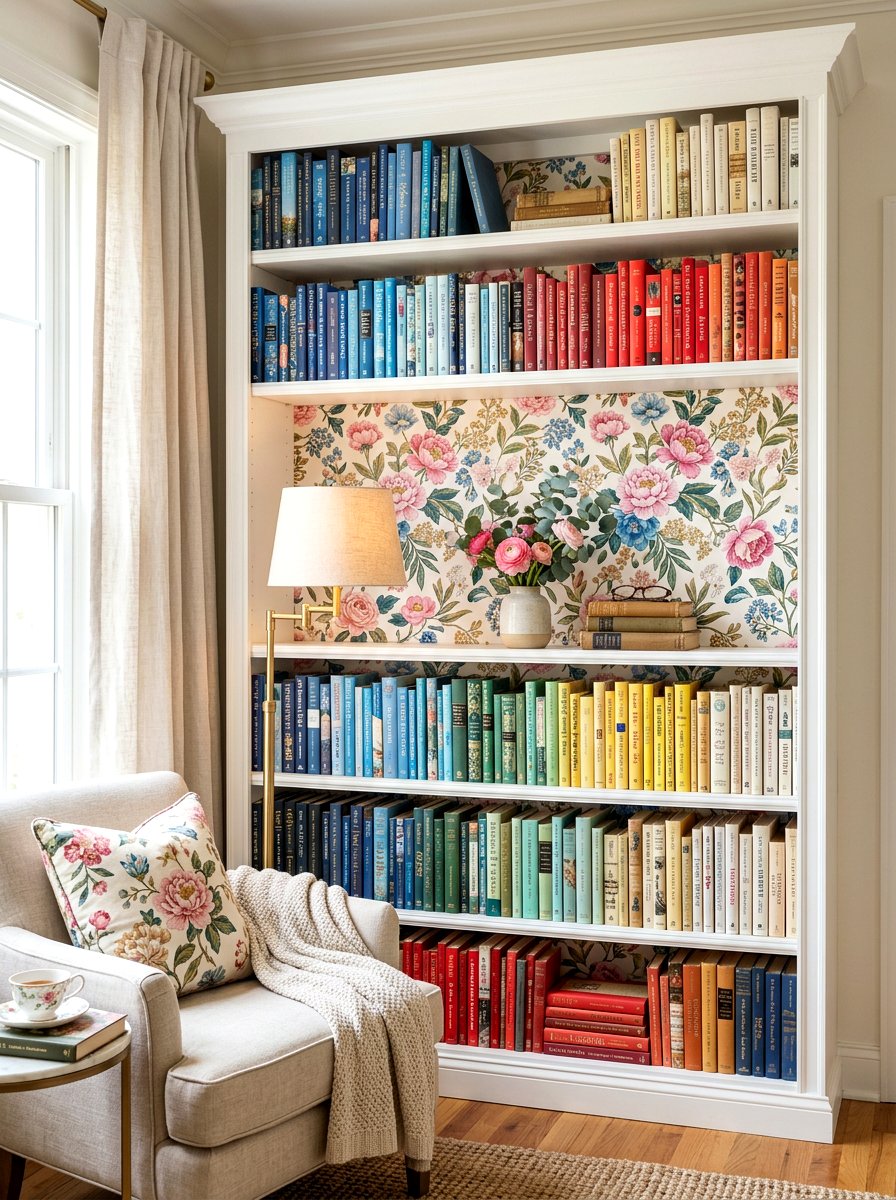 Wallpapered bookshelf back - 30 book lover teen room ideas