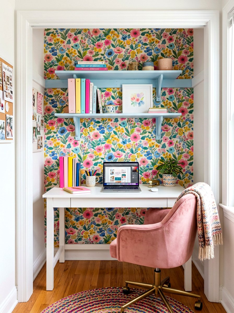 Wallpapered closet office - 30 desk in closet ideas aesthetic