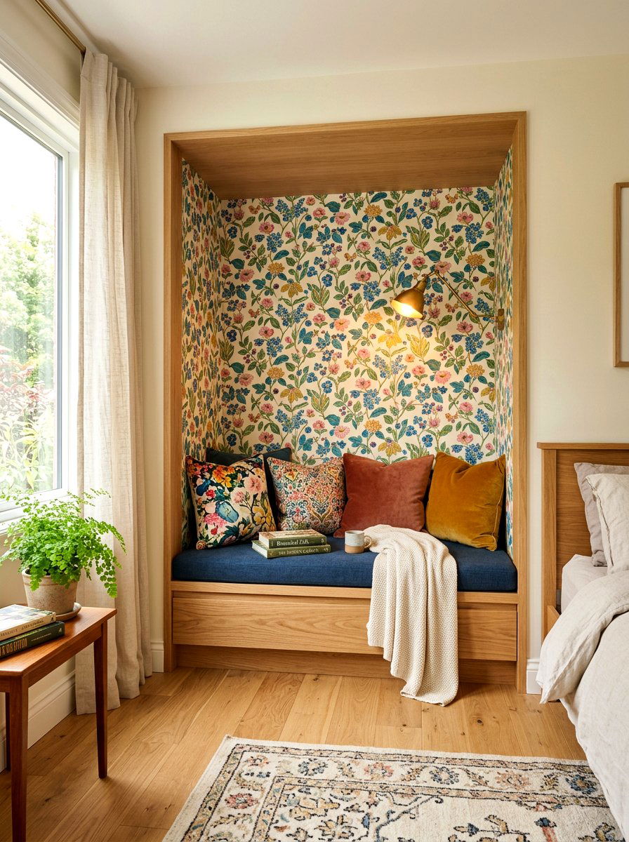 Wallpapered reading alcove - 30 book nook ideas