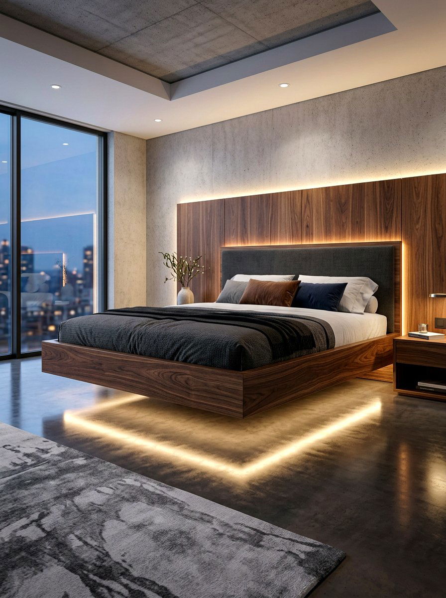 Walnut Floating Wood Bed - 30 wood bed frame ideas