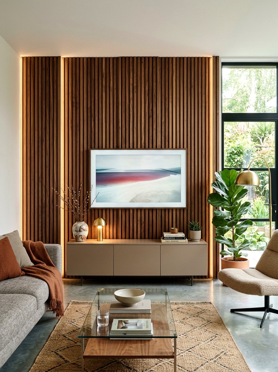 Walnut Slatted Wall Living Room Design - 30 mushroom and walnut living room ideas