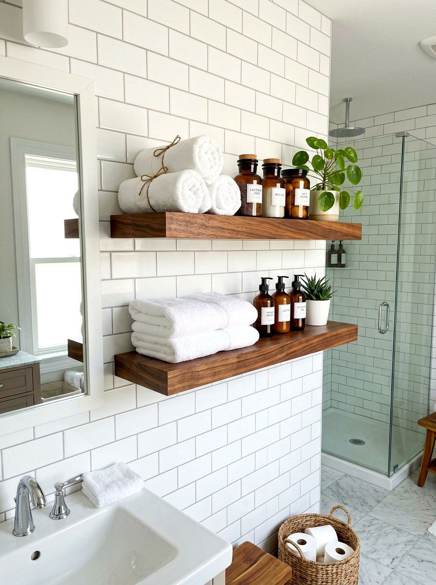 Walnut Wood Bathroom Shelves - 30 low light bathroom mood ideas