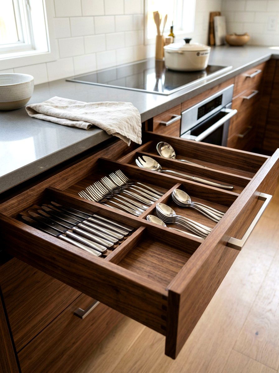 Walnut Wood Custom Dividers - 30 kitchen drawer divider ideas