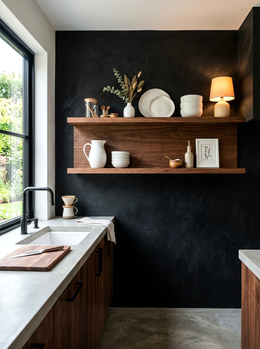 Walnut Wood Kitchen Shelf - 30 moody lamp lit kitchen ideas