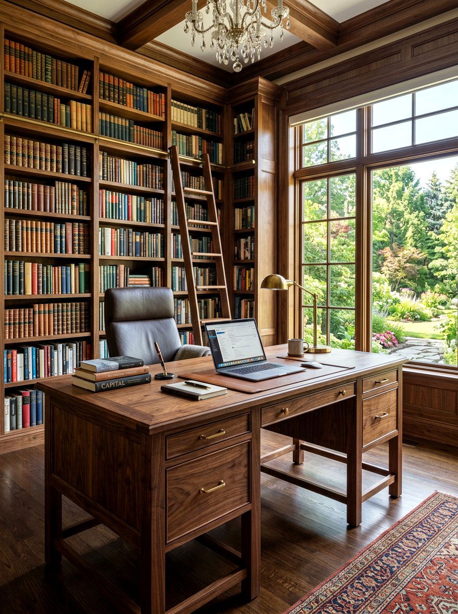 Walnut Wood Library Desk - 30 classic office library ideas