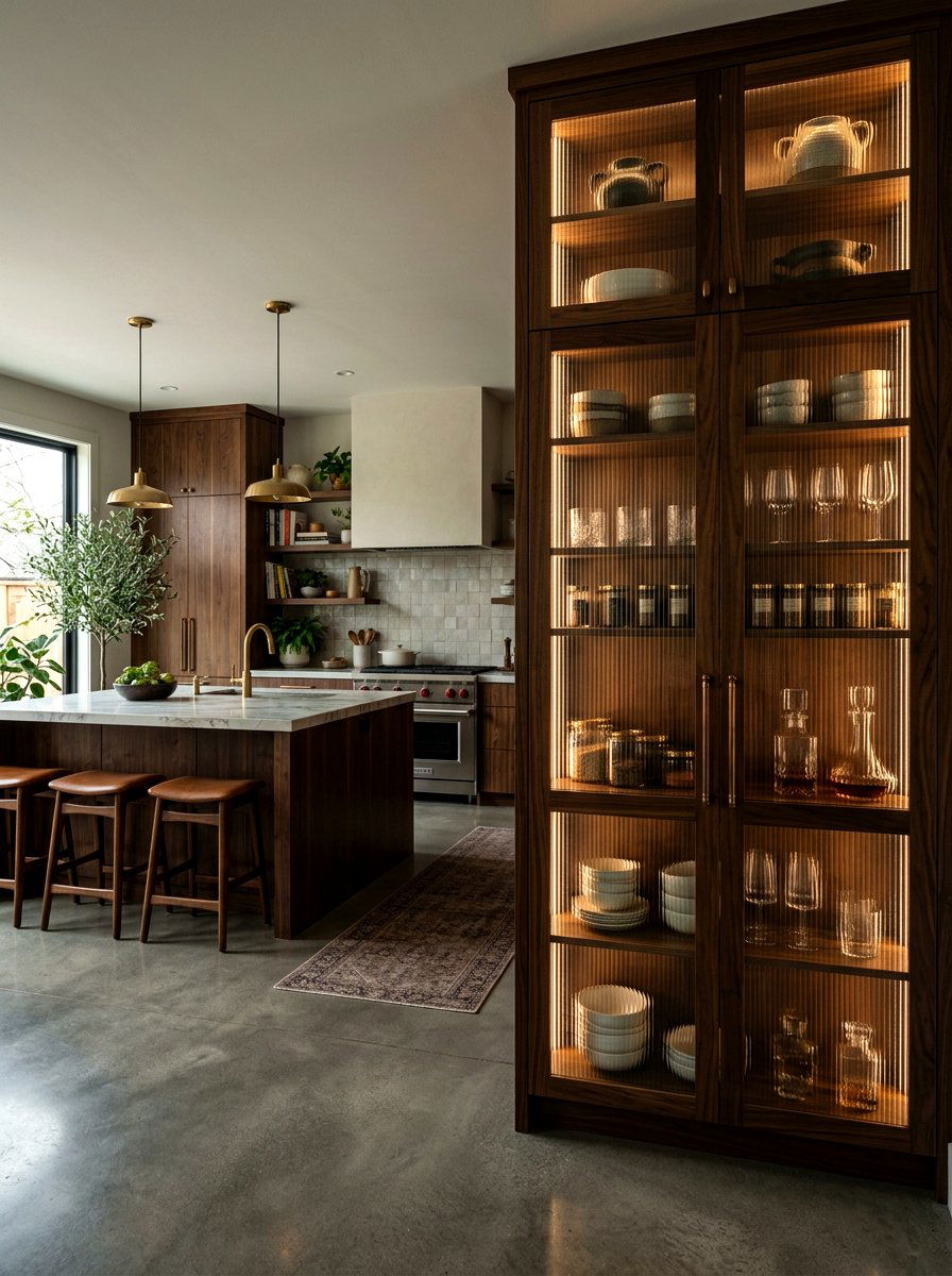 Walnut Wood Reeded Glass Pantry - 30 reeded glass pantry ideas
