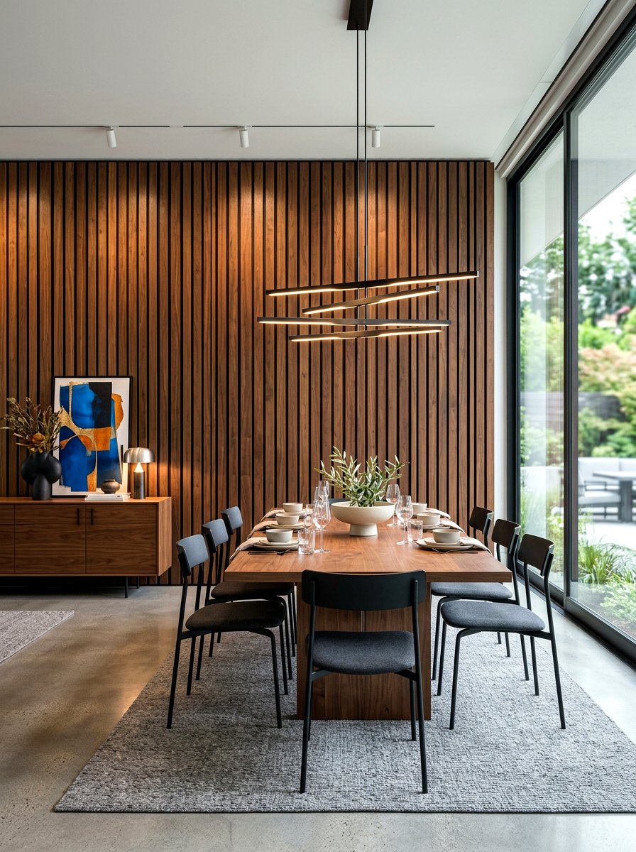 Walnut Wood Slat Wall Dining Room - 30 brown dining room decor ideas
