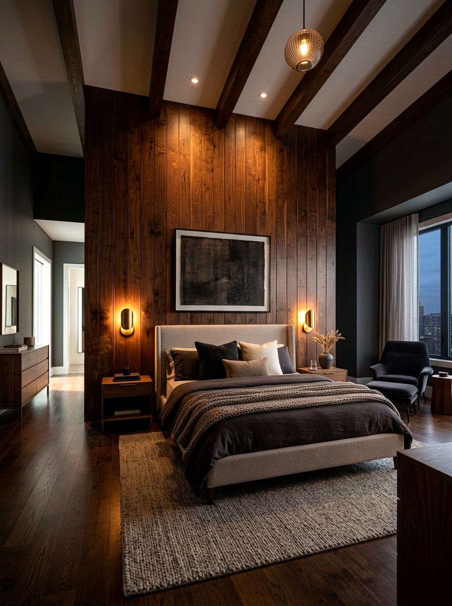 Walnut accent wall with taupe decor - 30 taupe and walnut bedroom ideas