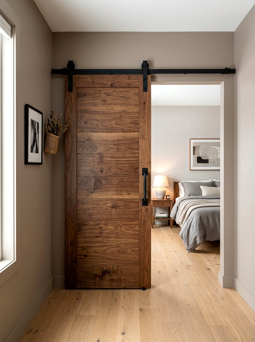 Walnut barn door in taupe bedroom - 30 taupe and walnut bedroom ideas