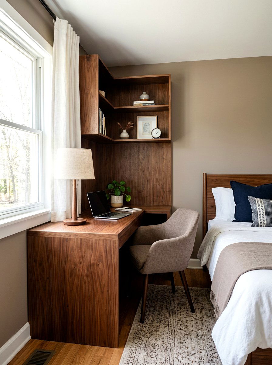 Walnut desk in taupe guest room - 30 taupe and walnut bedroom ideas