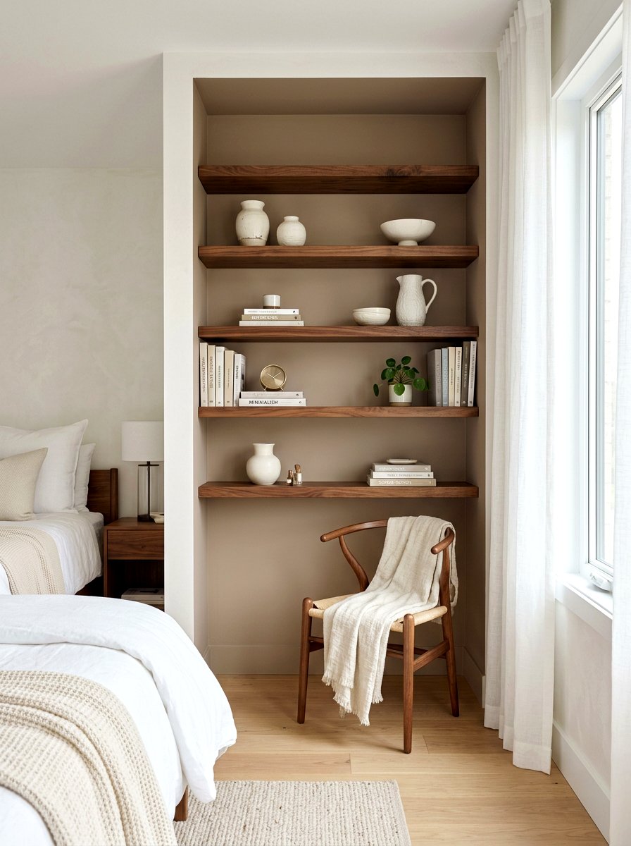Walnut floating shelves in taupe nook - 30 taupe and walnut bedroom ideas