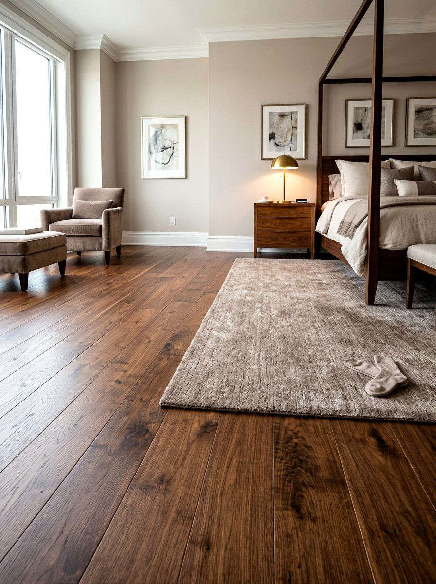 Walnut flooring with taupe walls - 30 taupe and walnut bedroom ideas