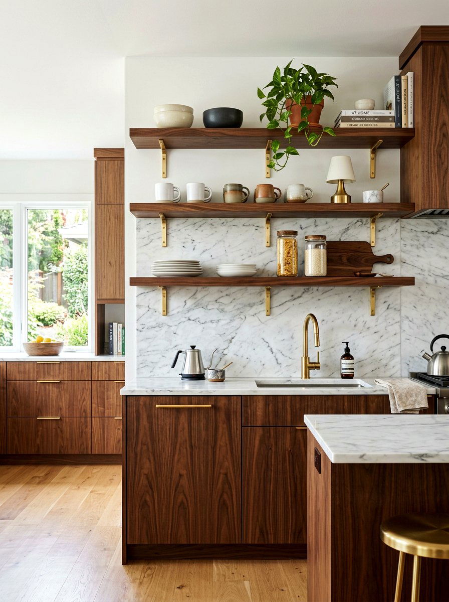 Walnut kitchen open shelves - 30 open kitchen shelf ideas