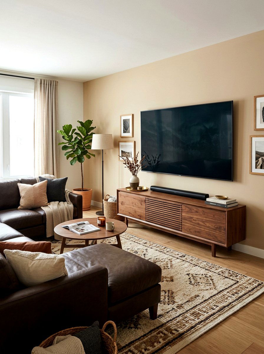Walnut media console - 30 tonal brown living room ideas