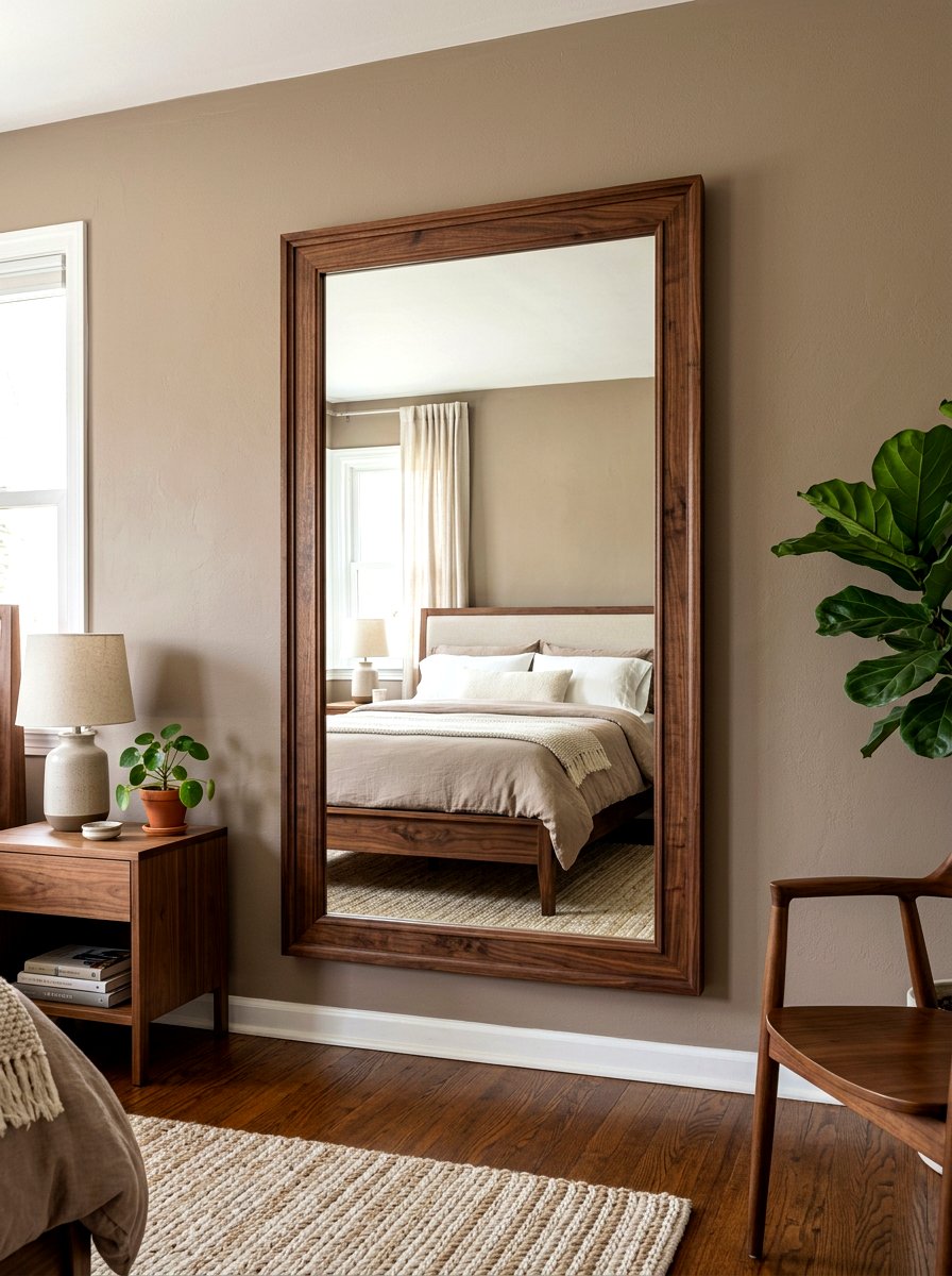 Walnut mirror frame on taupe wall - 30 taupe and walnut bedroom ideas