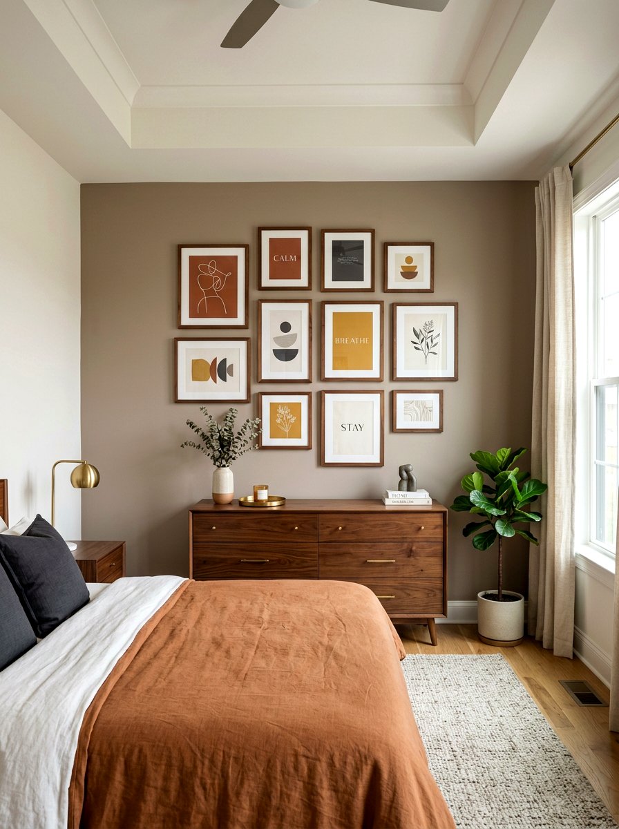 Walnut picture frames on taupe wall - 30 taupe and walnut bedroom ideas