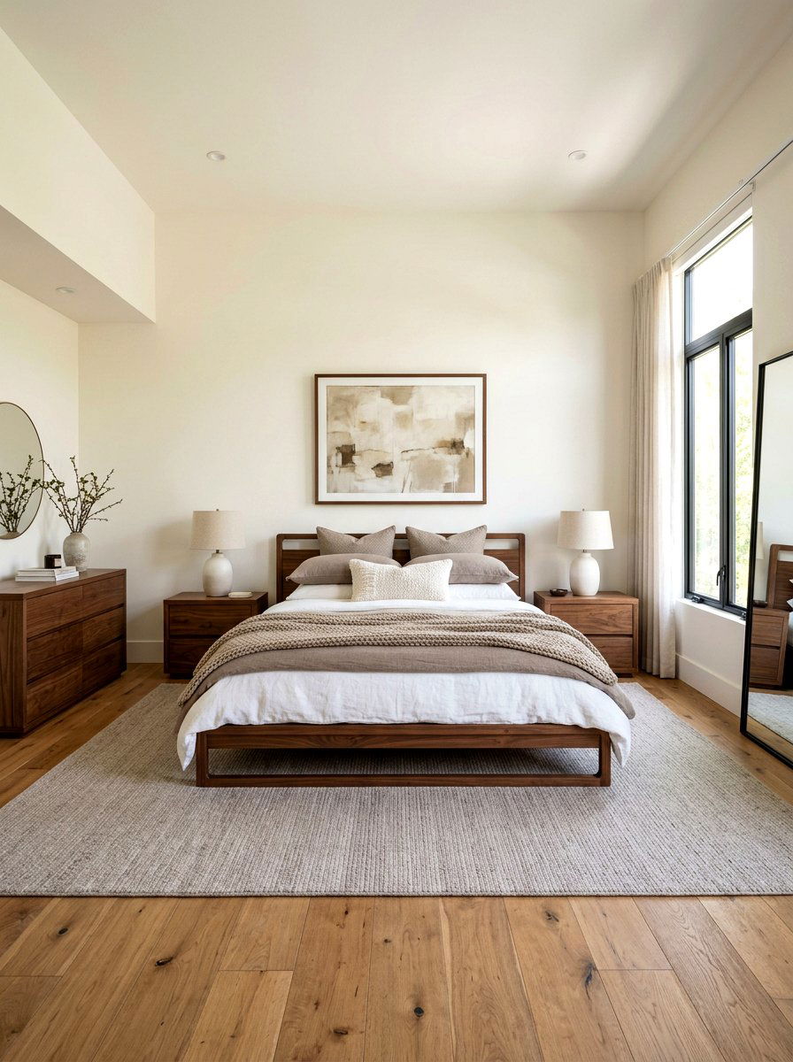 Walnut platform bed with taupe bedding - 30 taupe and walnut bedroom ideas
