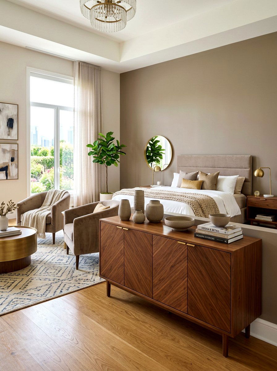 Walnut sideboard in taupe master suite - 30 taupe and walnut bedroom ideas