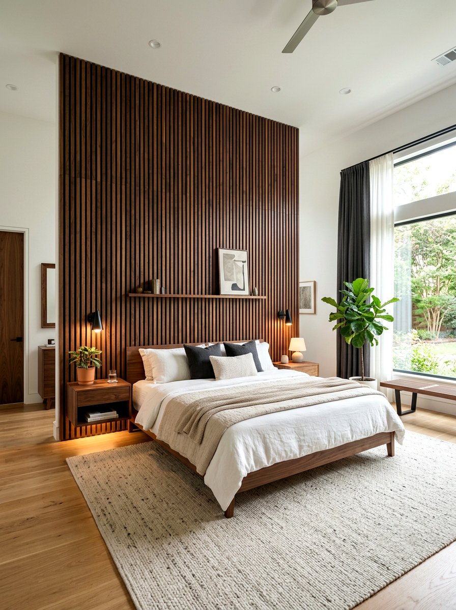 Walnut slat wall - 30 wall to wall headboard ideas