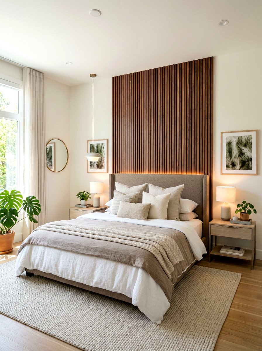 Walnut slatted wall with taupe headboard - 30 taupe and walnut bedroom ideas