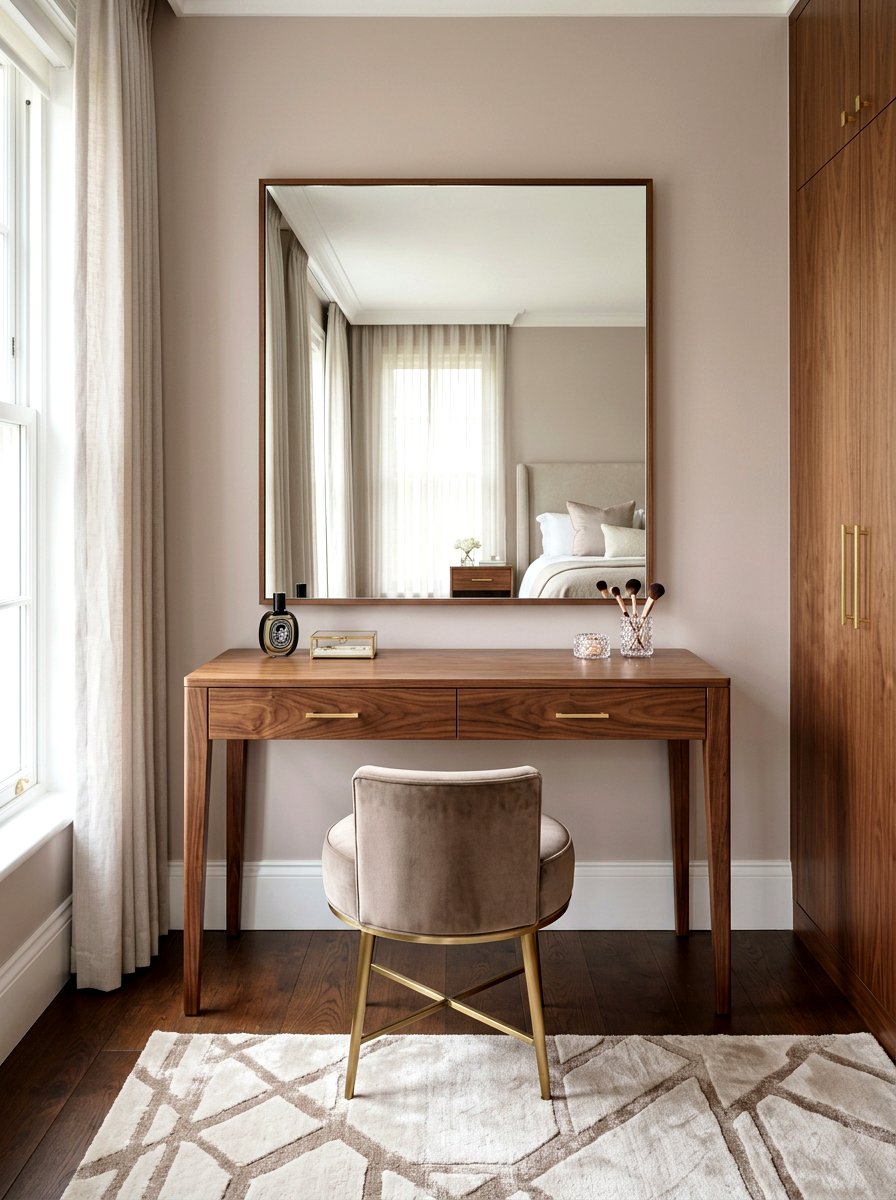 Walnut vanity in taupe dressing area - 30 taupe and walnut bedroom ideas