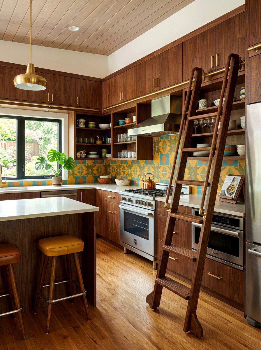 Walnut wood kitchen ladder - 30 library ladder kitchen ideas