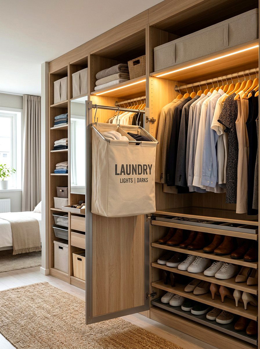 Wardrobe Integrated Laundry Bag - 30 hidden hamper apartment ideas