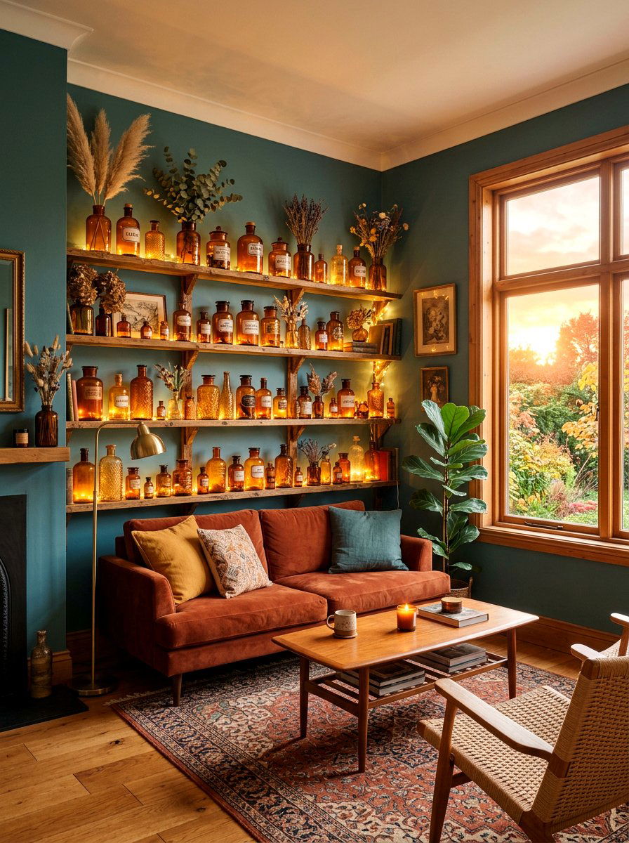 Warm Amber Glass Bottle Display - 30 fall mantel styling ideas