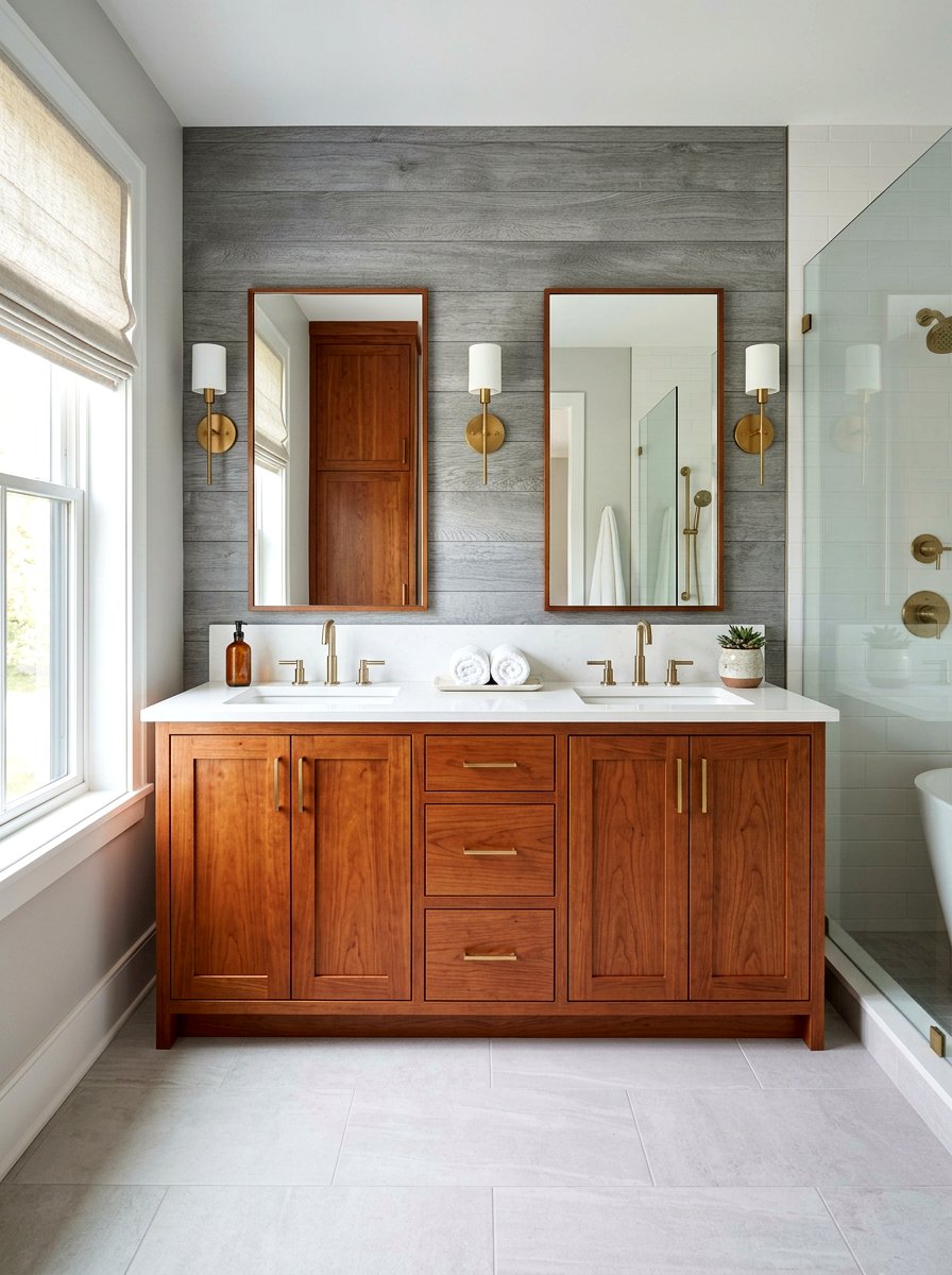Warm Cherry Vanity with Cool Gray Wood Bathroom - 30 mixed wood tone decor ideas