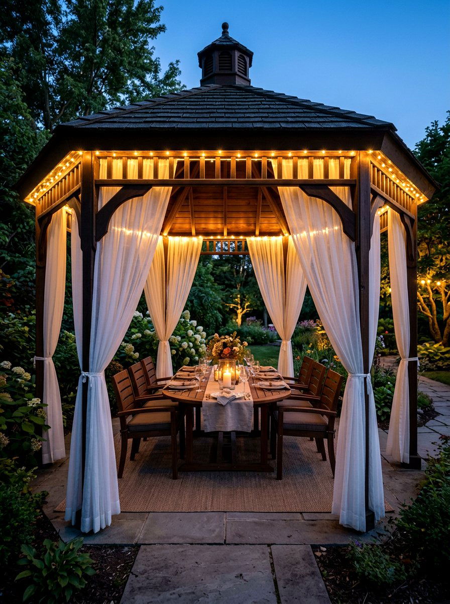 Warm White Net Lights Under Roof Line - 30 gazebo curtain lighting ideas