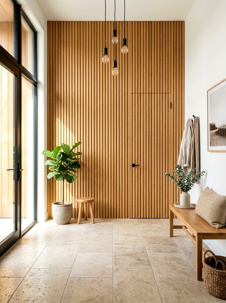 Warm Wood Slatted Walls - 30 trim drenched foyer ideas