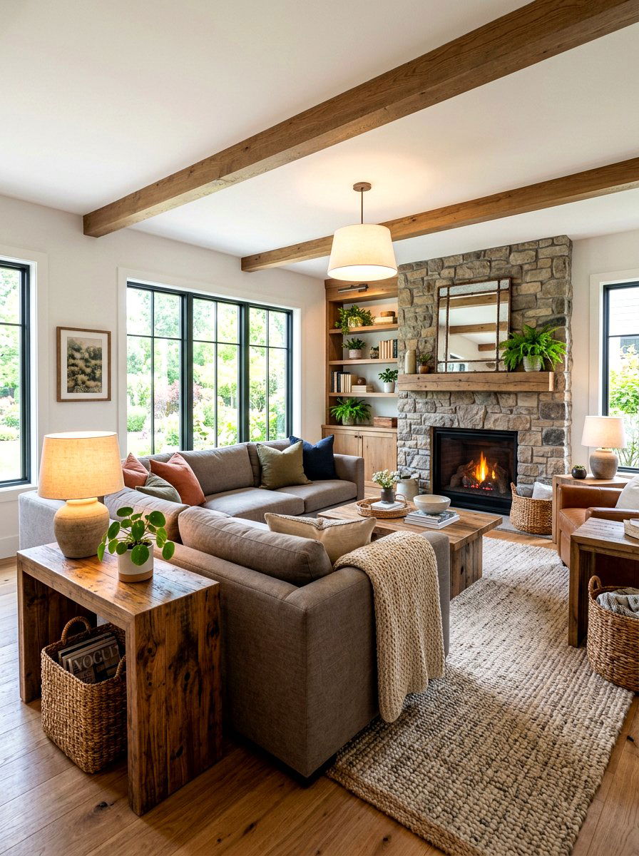 Warm gray sectional with reclaimed wood - 30 warm gray and wood living room ideas