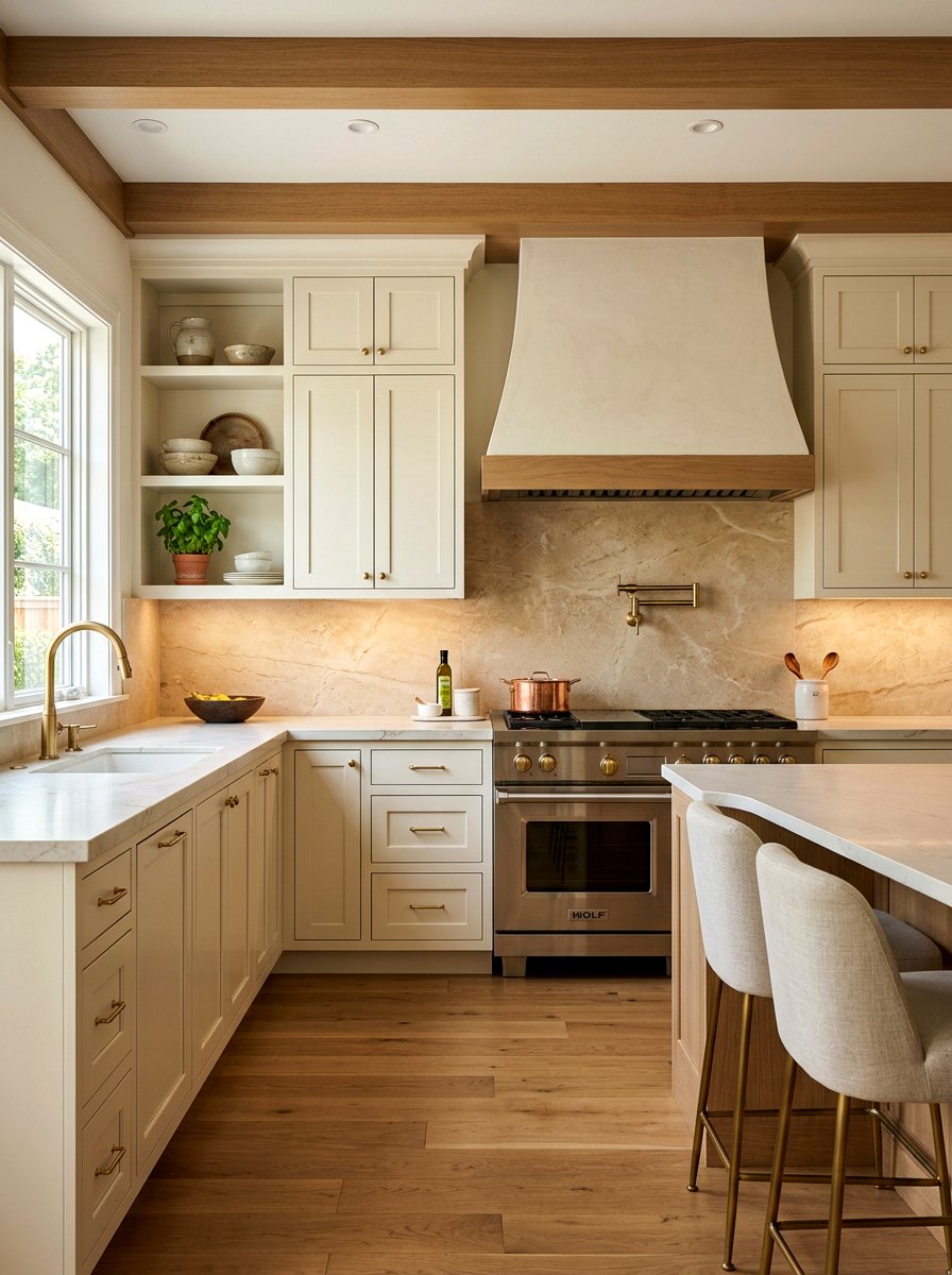 Warm toned limestone backsplash - 30 slab backsplash ideas