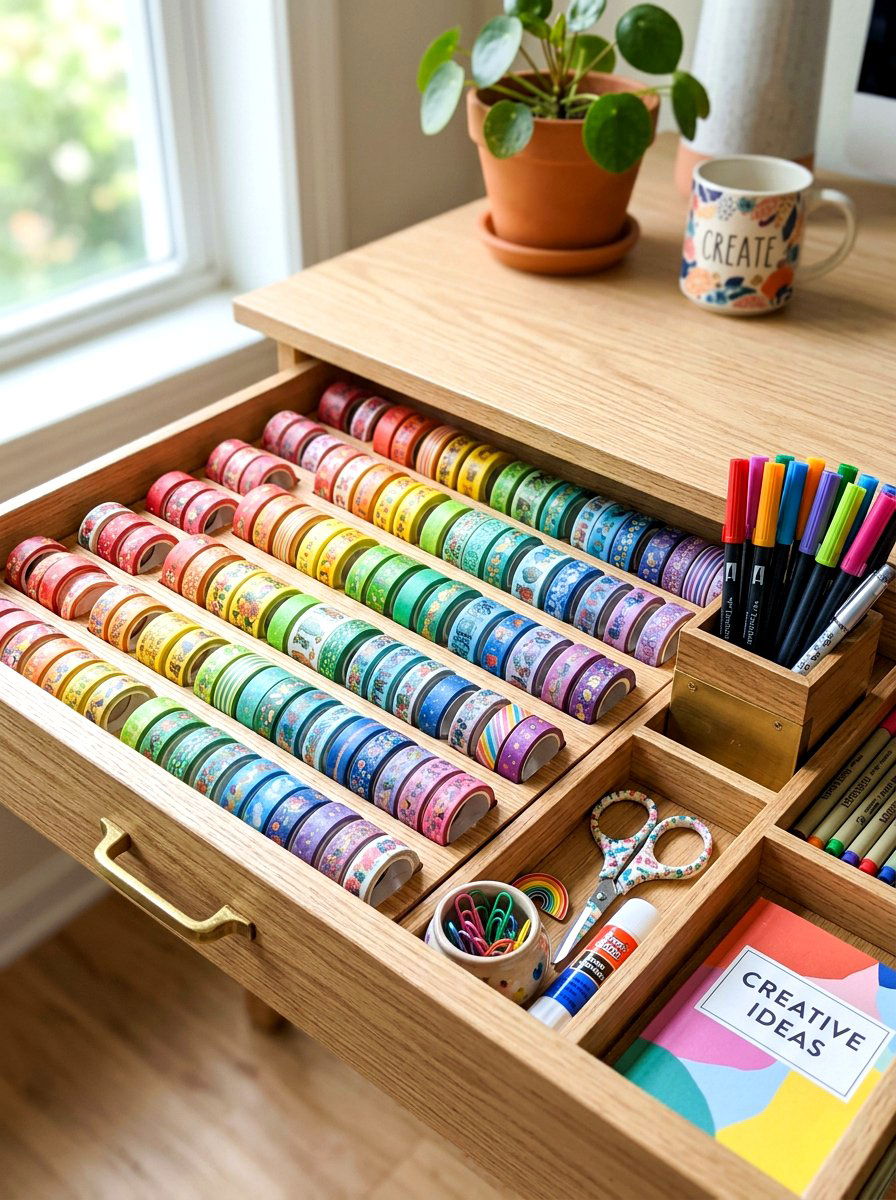 Washi Tape Storage Slots - 30 desk drawer organization ideas