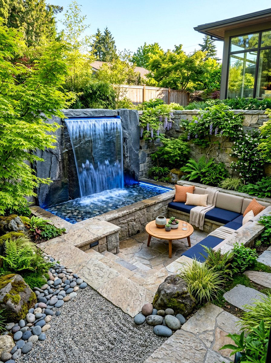 Water Feature Integrated Seating - 30 sunken backyard seating ideas