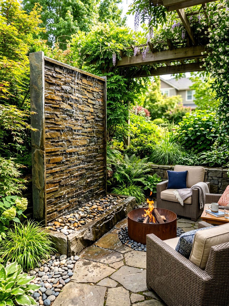Water Feature Wall - 30 backyard privacy ideas
