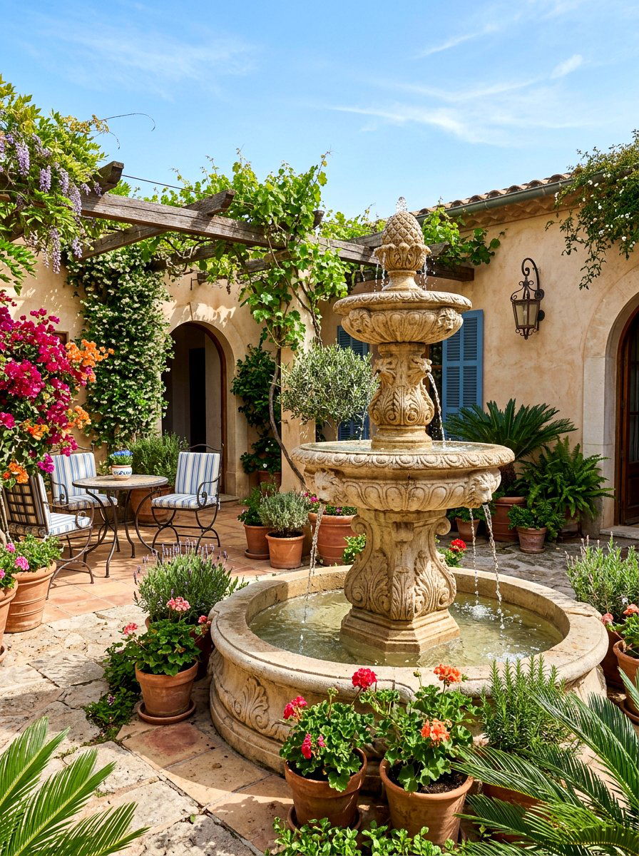 Water Fountain Feature - 30 Mediterranean patio lounge ideas