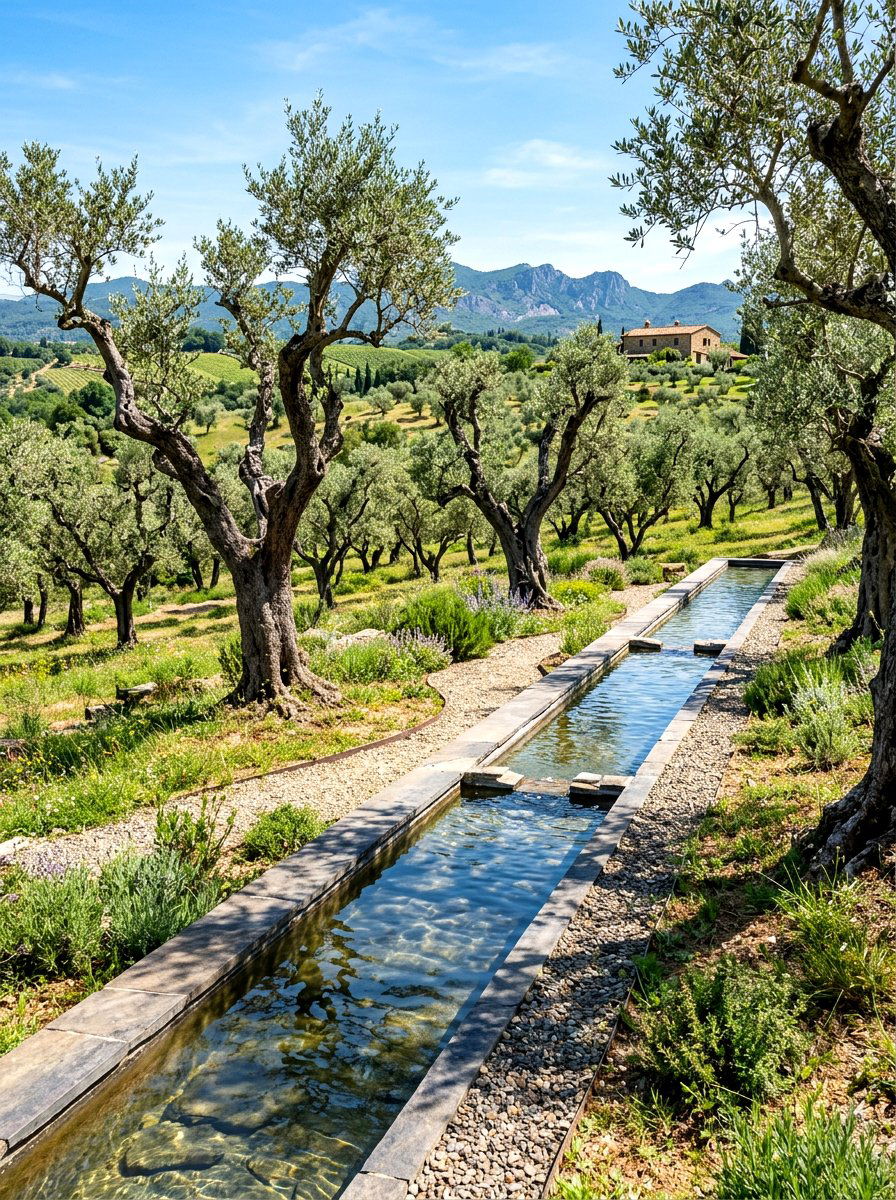 Water feature in olive grove - 30 olive grove backyard ideas