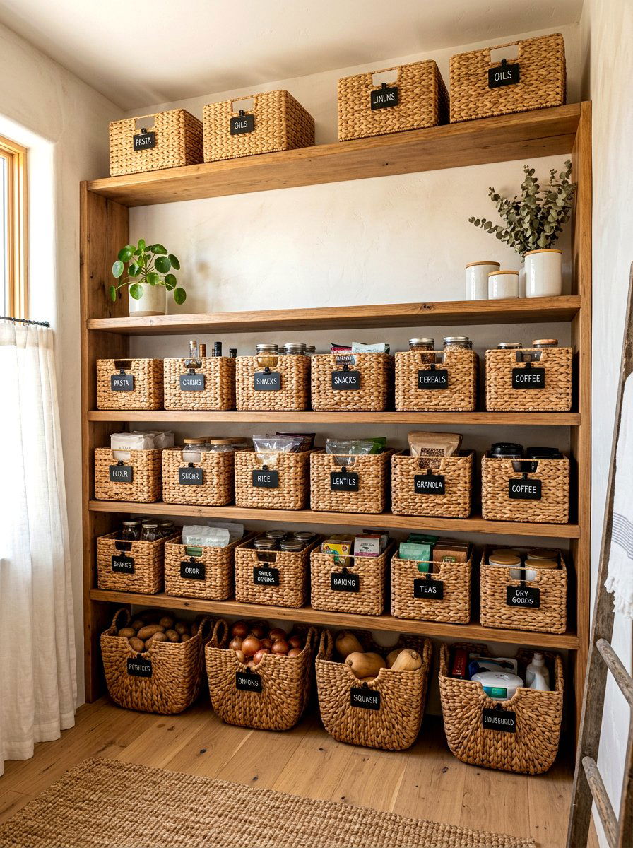 Water hyacinth pantry baskets - 30 food container organization ideas