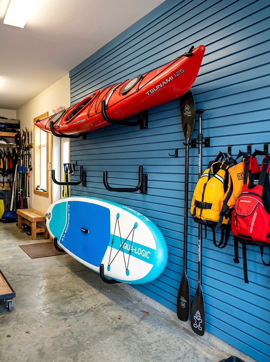 Water sports equipment storage - 30 garage slatwall ideas