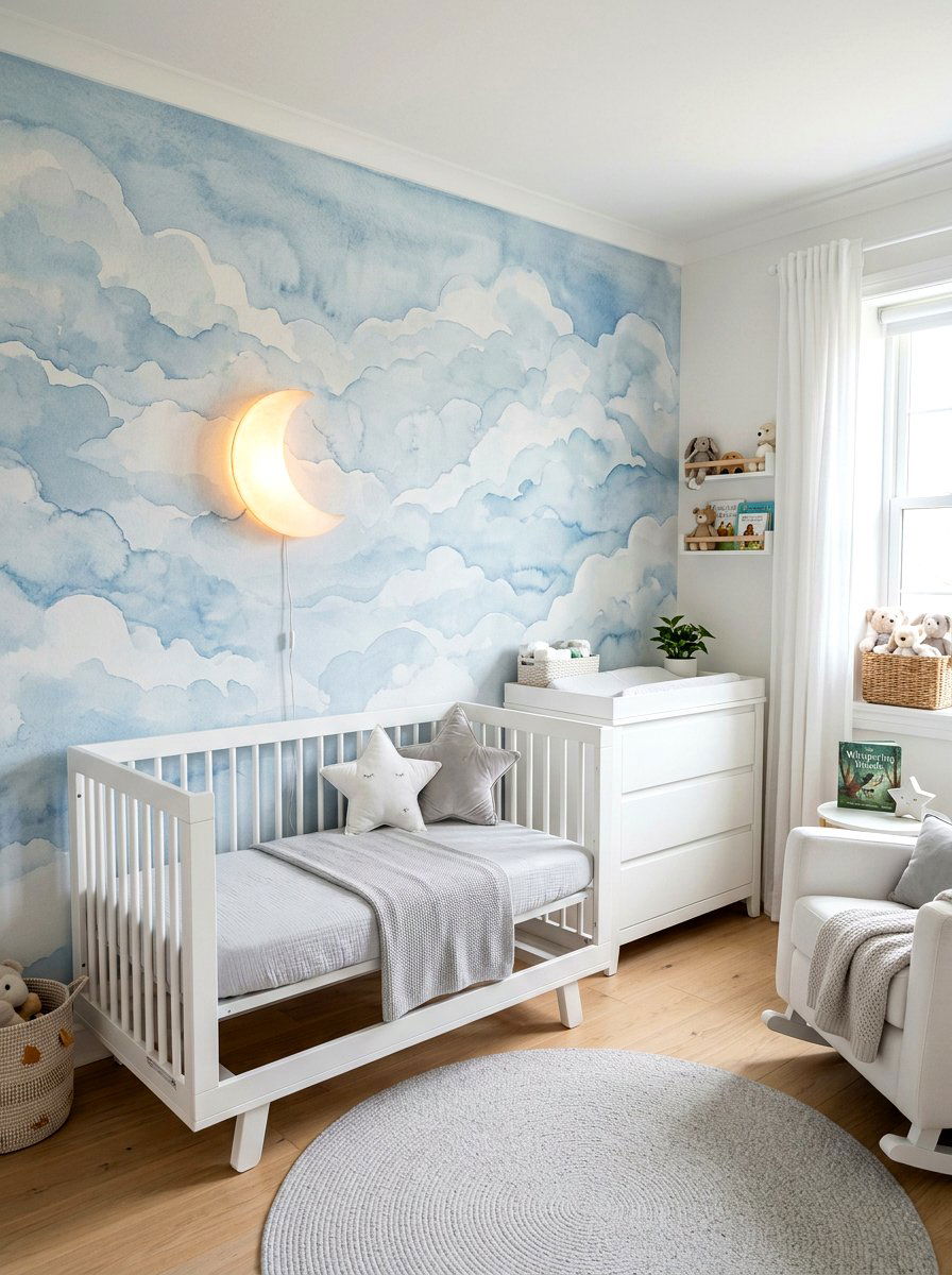 Watercolor Cloud Sky Nursery Mural - 30 mural kids bedroom ideas